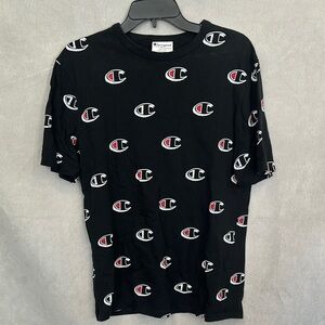 Champion Black Tee with Red and White Logo Design